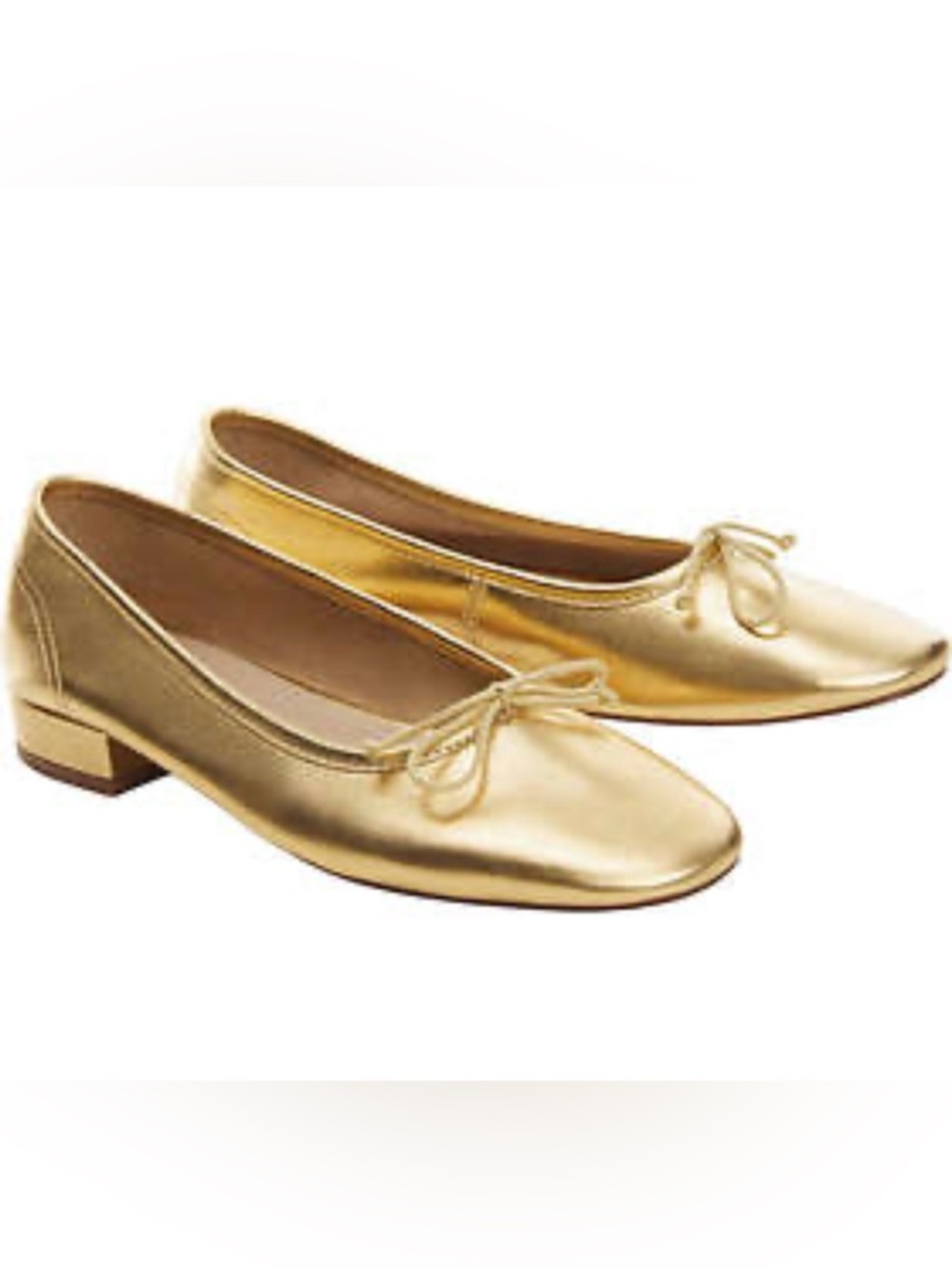 Mango Metallic Gold Leather Ballet Flats with Bow Size 38 US 7.5 Slip On